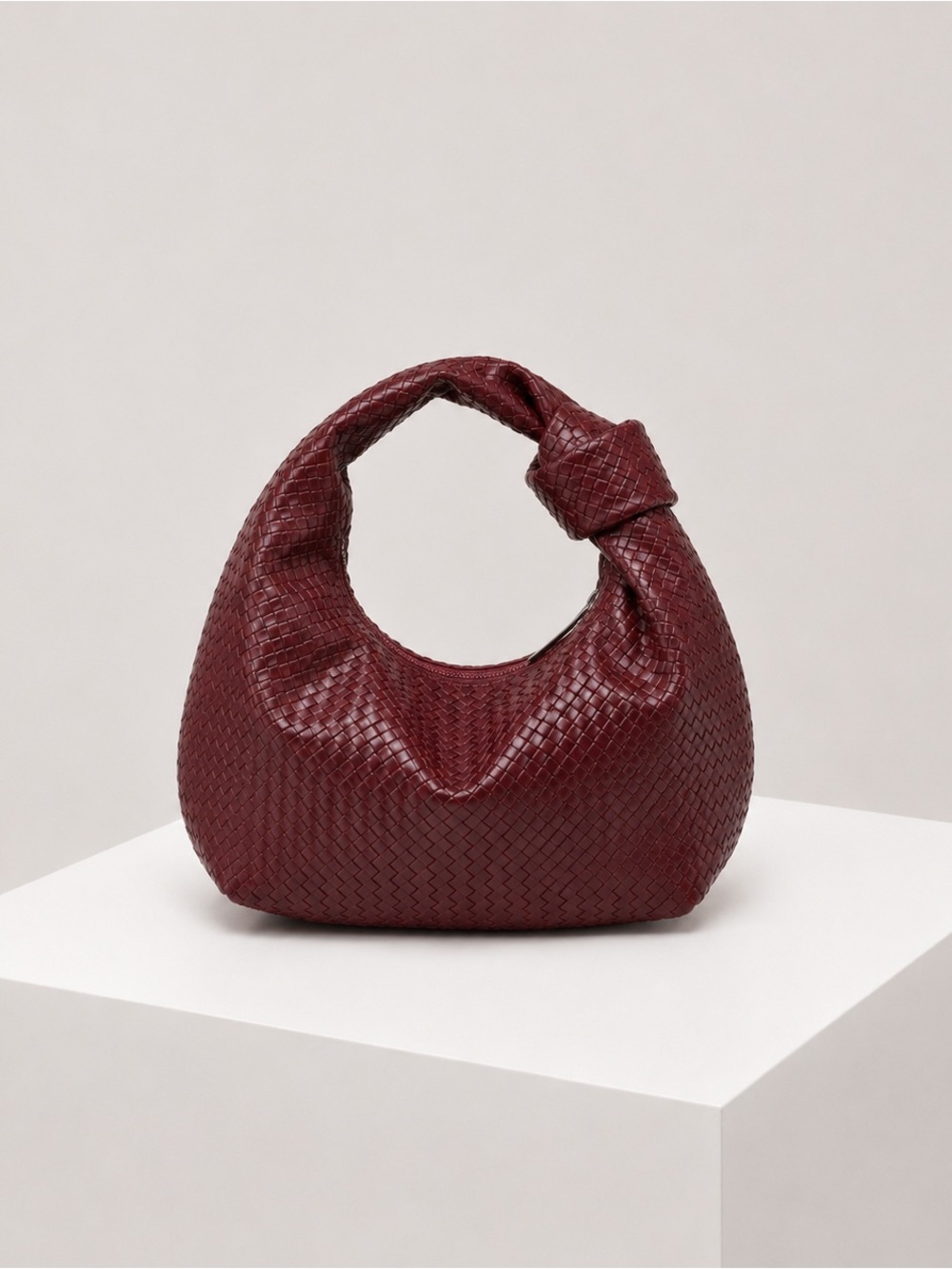 Vintage Inspired Burgundy Woven Faux Leather Hobo Shoulder Bag